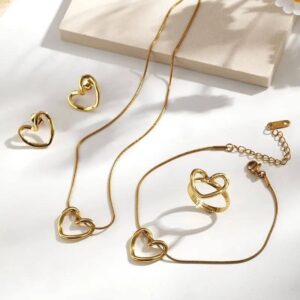 Parure de Bijoux 4 Pièces Cœur Évidé – Collier, Bracelet, Bague & Boucles d'Oreilles